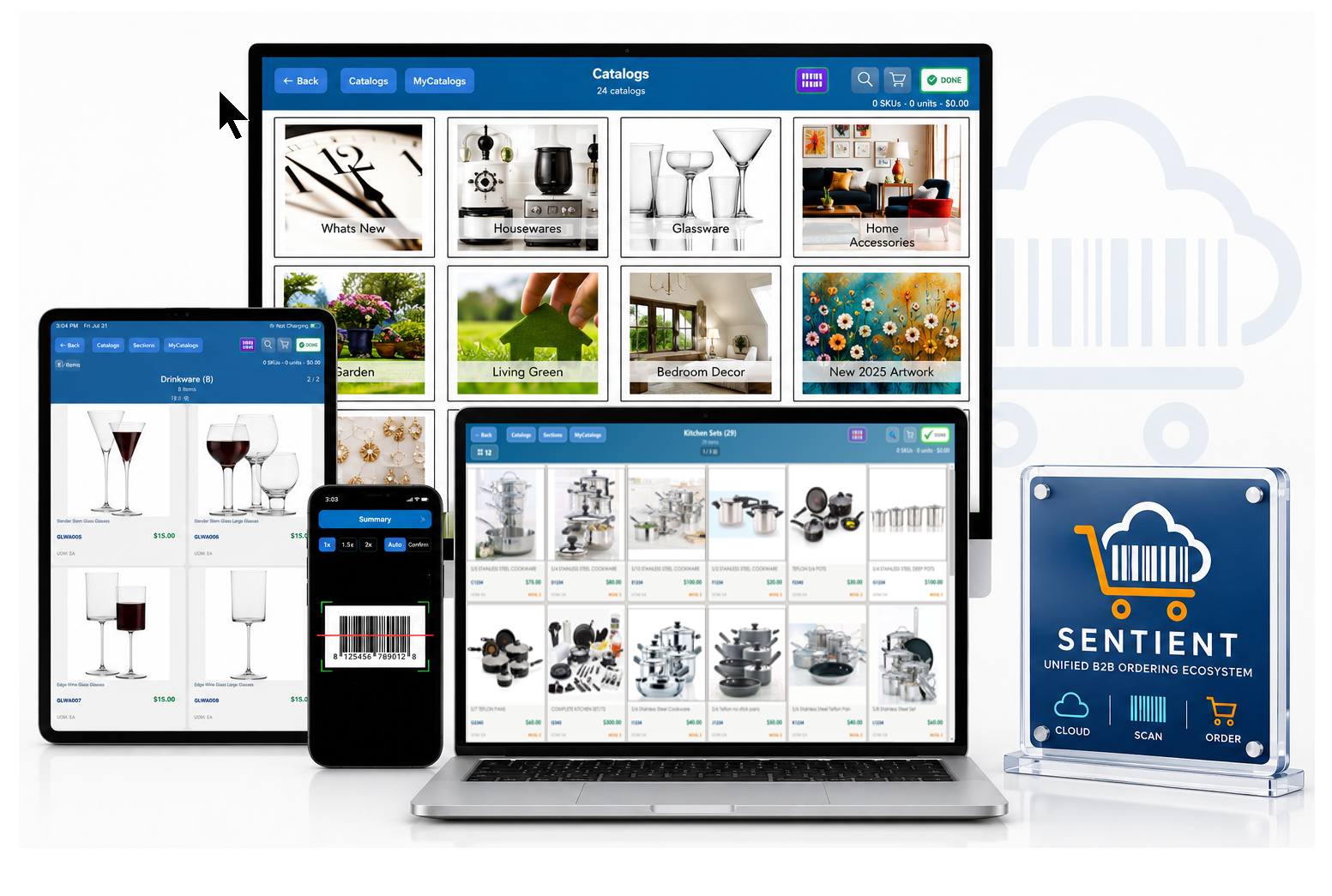 Sentient ordering ecosystem shown across desktop, tablet, laptop and mobile devices